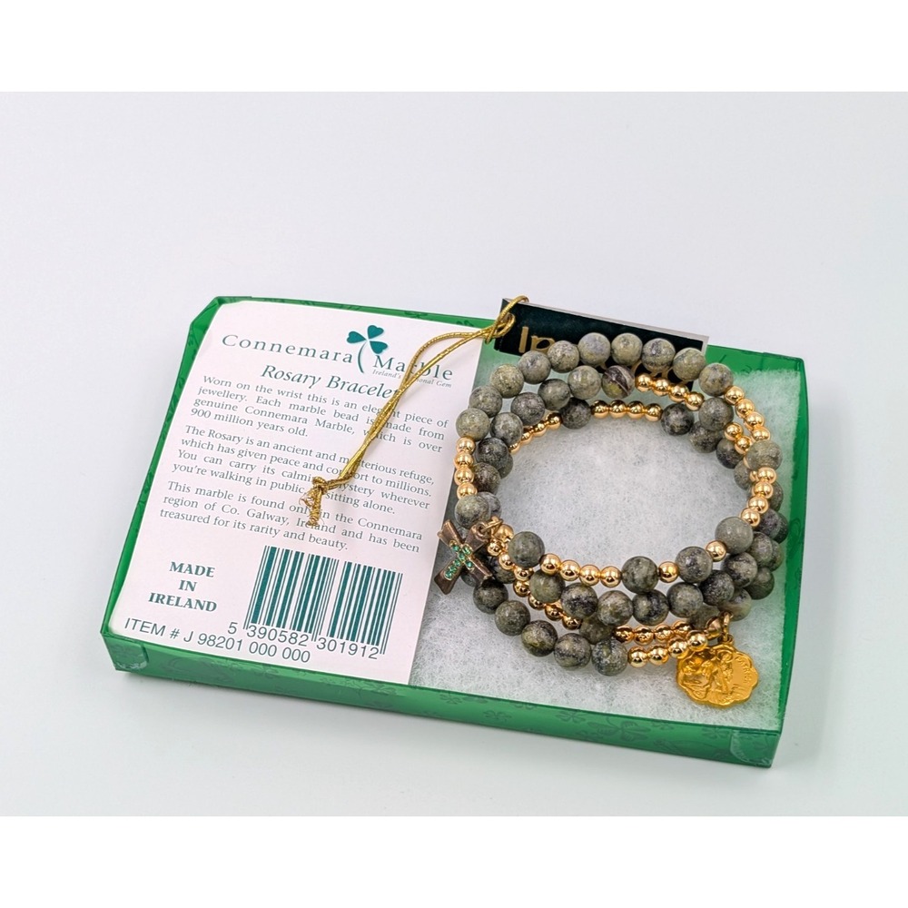 VTG‎ Ireland Connemara Marble Rosary Bracelet St Patrick Charm Green Catholic
